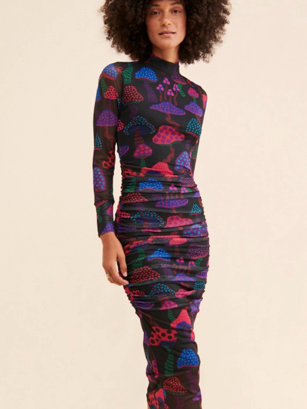 FARM Rio Black Long-Sleeve Ruched Midi Dress with Multicolor Mushroom Print